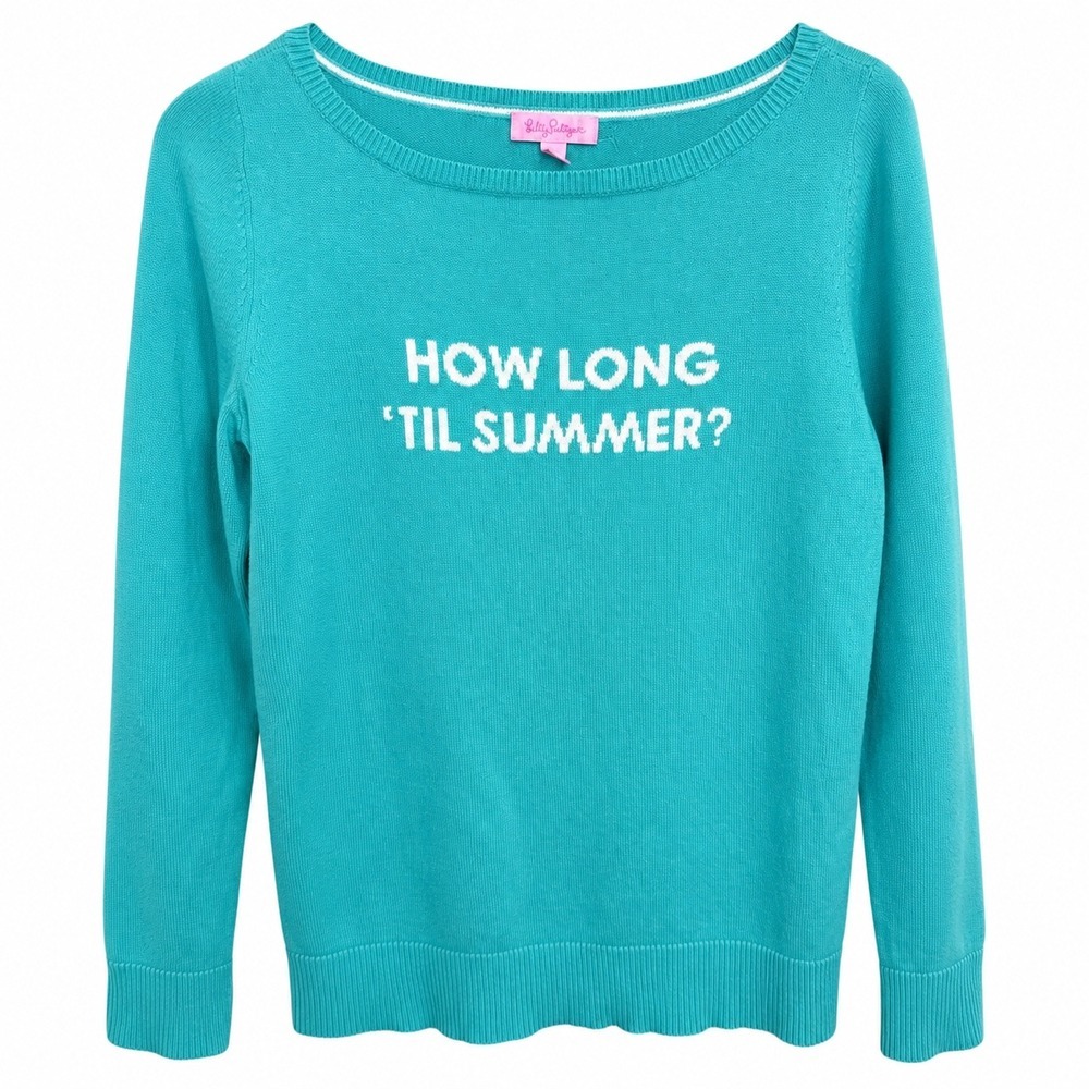 Lilly Pulitzer Sweater Women Large Teal "How Long Til Summer" Knit